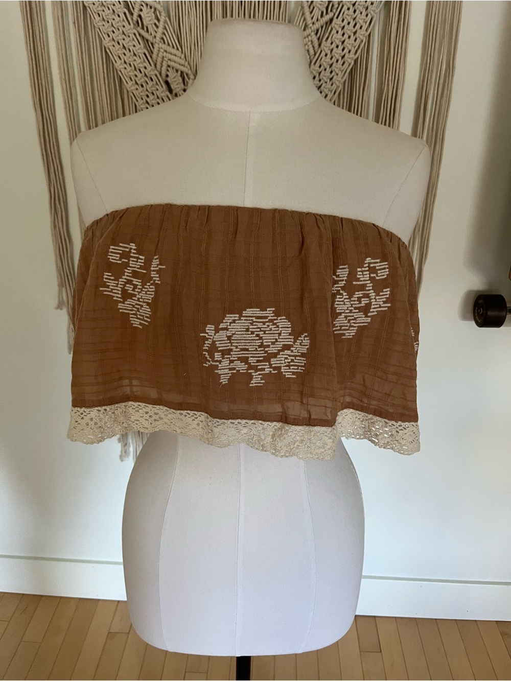 American Eagle Outfitters Brown Strapless Cropped Tube Top with White Embroidery